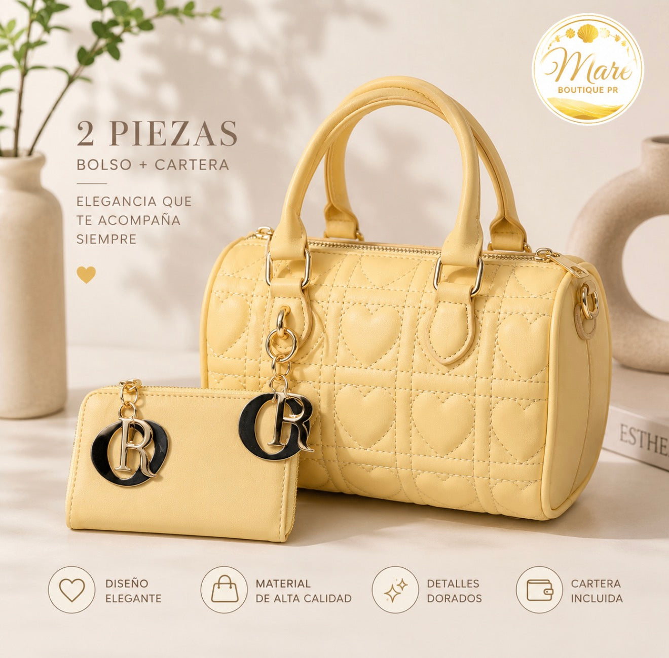 Set Bolso + Cartera Amarillo Acolchado Corazones