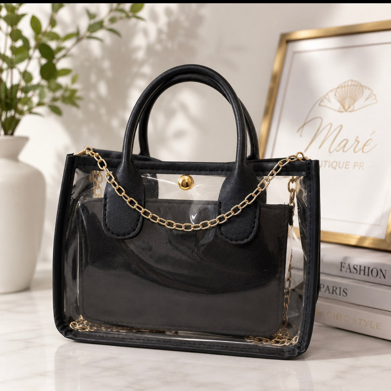Bolso Transparente Negro con Cadena Dorada