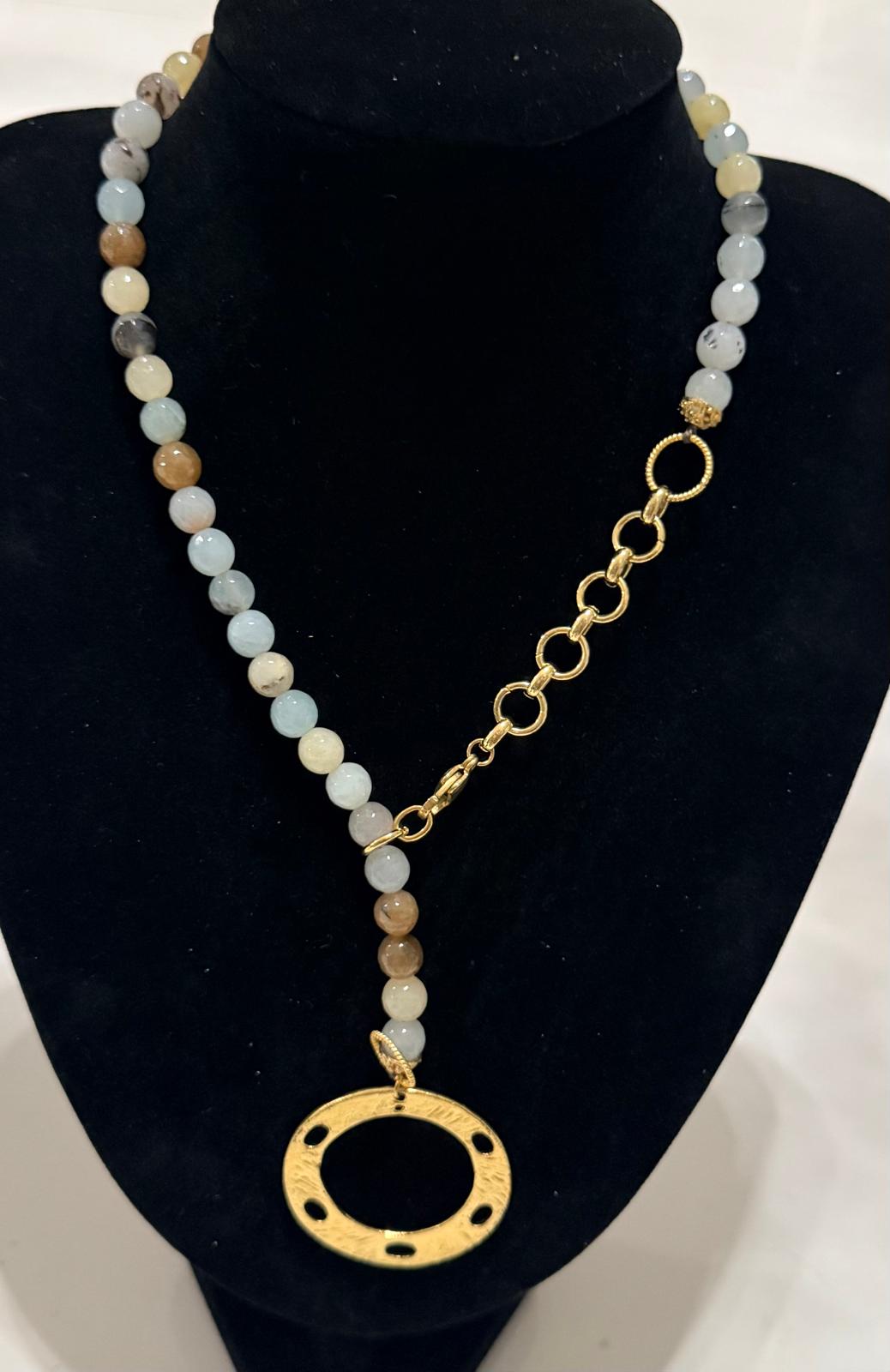 Gold Circle Pendant Beaded Necklace