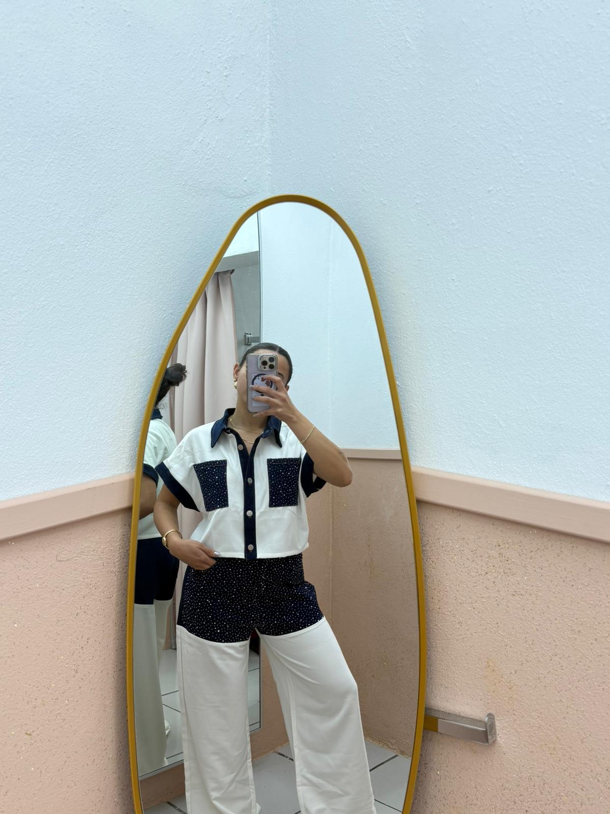 Conjunto Navy y Blanco Crop Top y Pantalón Palazzo