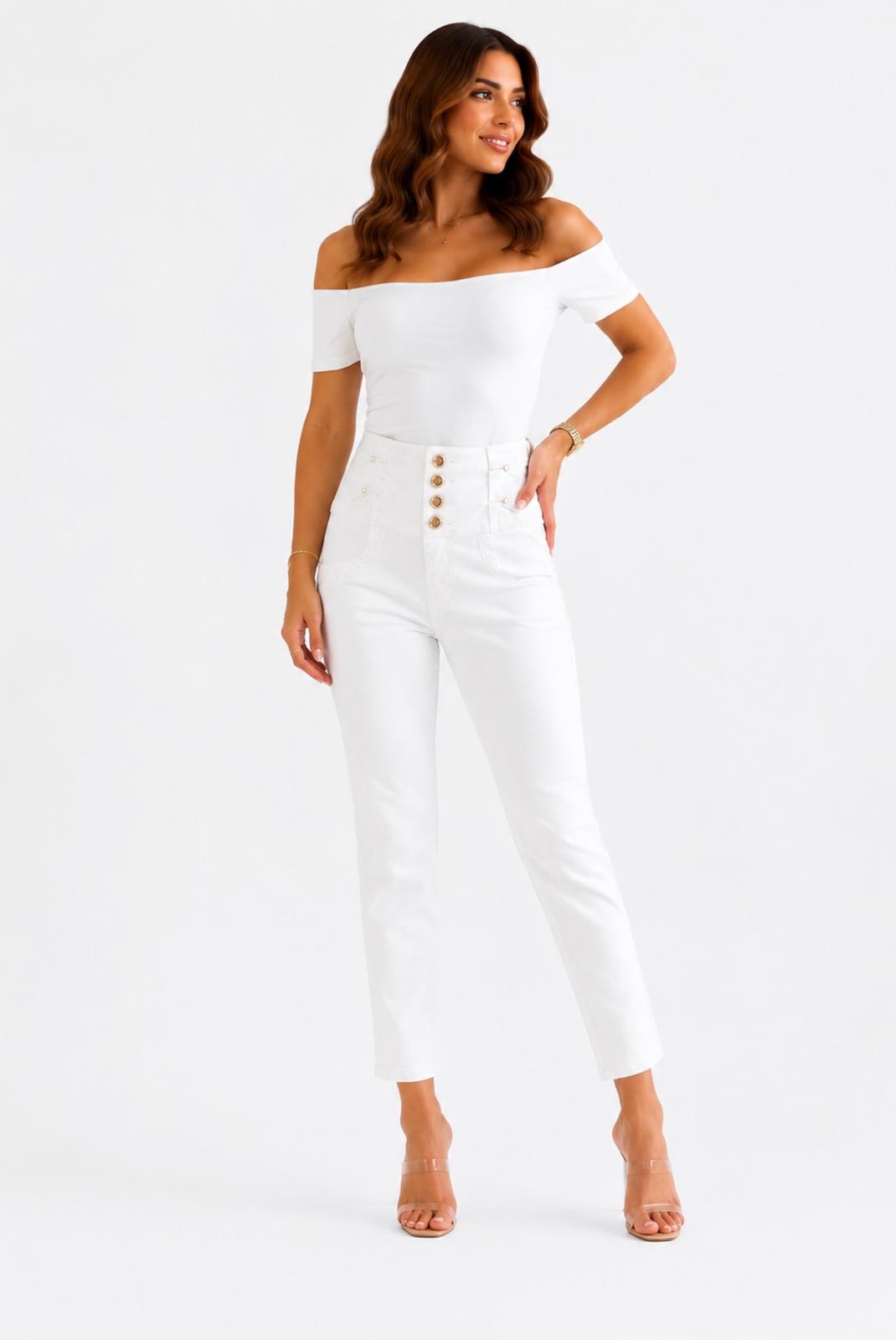 79 - Pantalón Blanco Tiro Alto Botones Dorados