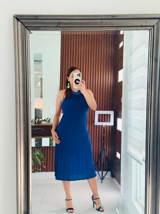 Vestido Azul Royal Midi Halter con Detalle de piedras