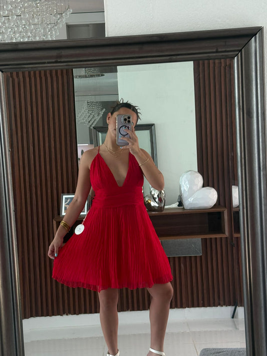 Vestido Rojo Plisado Halter Mini
