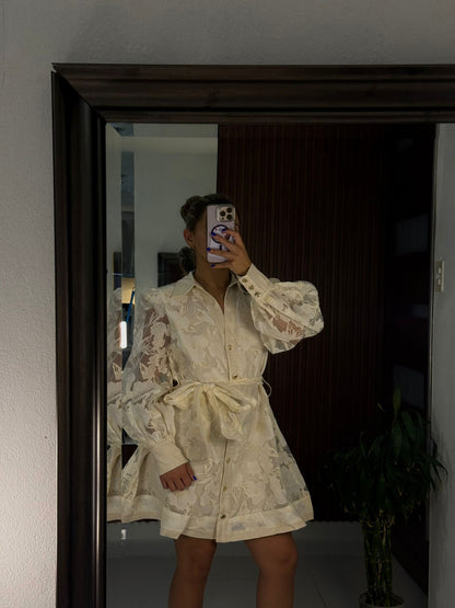 Vestido Floral Organza Ivory