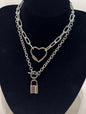 Collar Multicadena Plateado Corazón y Candado
