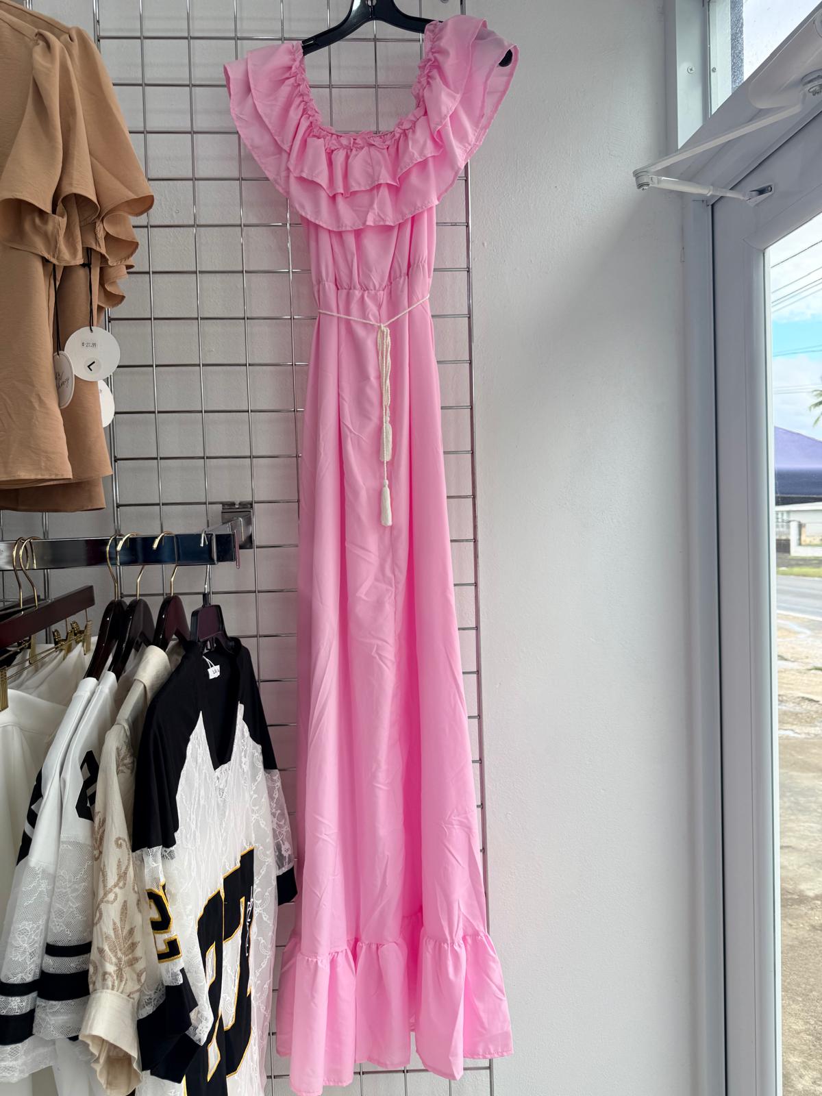 Vestido Largo Rosa Volantes