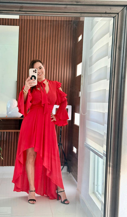 Vestido Rojo Volantes High-Low Manga Larga