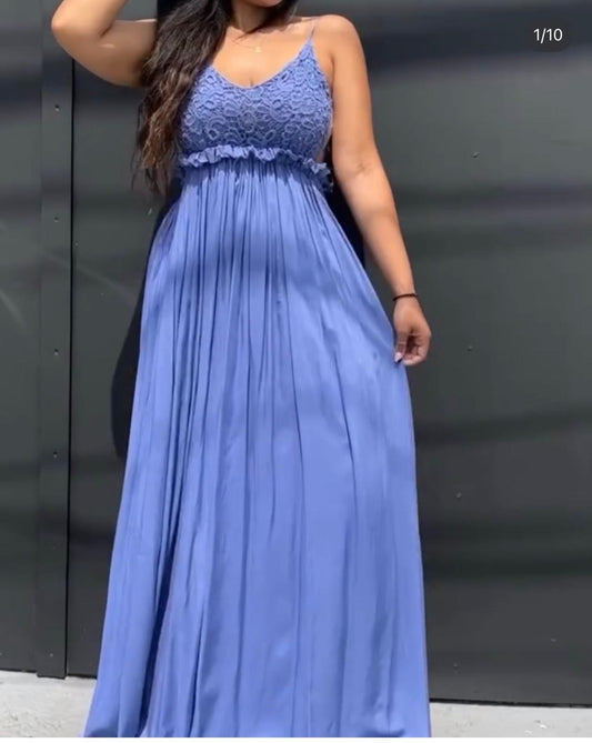 Vestido Largo Azul Encaje