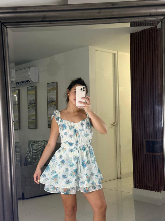 Vestido Blanco Estampado Floral Azul Corto