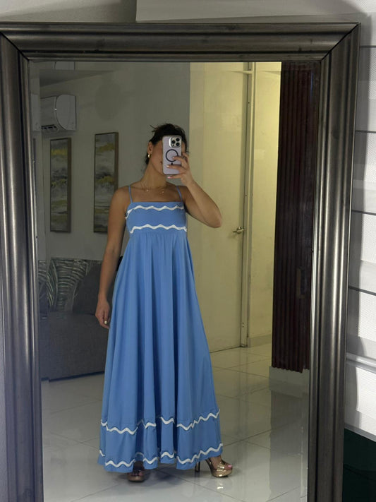 Vestido Azul Tirantes Volantes Blancos
