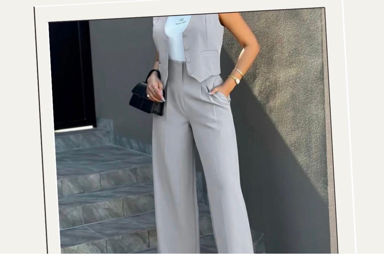 Conjunto Gris Chaleco y Pantalón Palazzo
