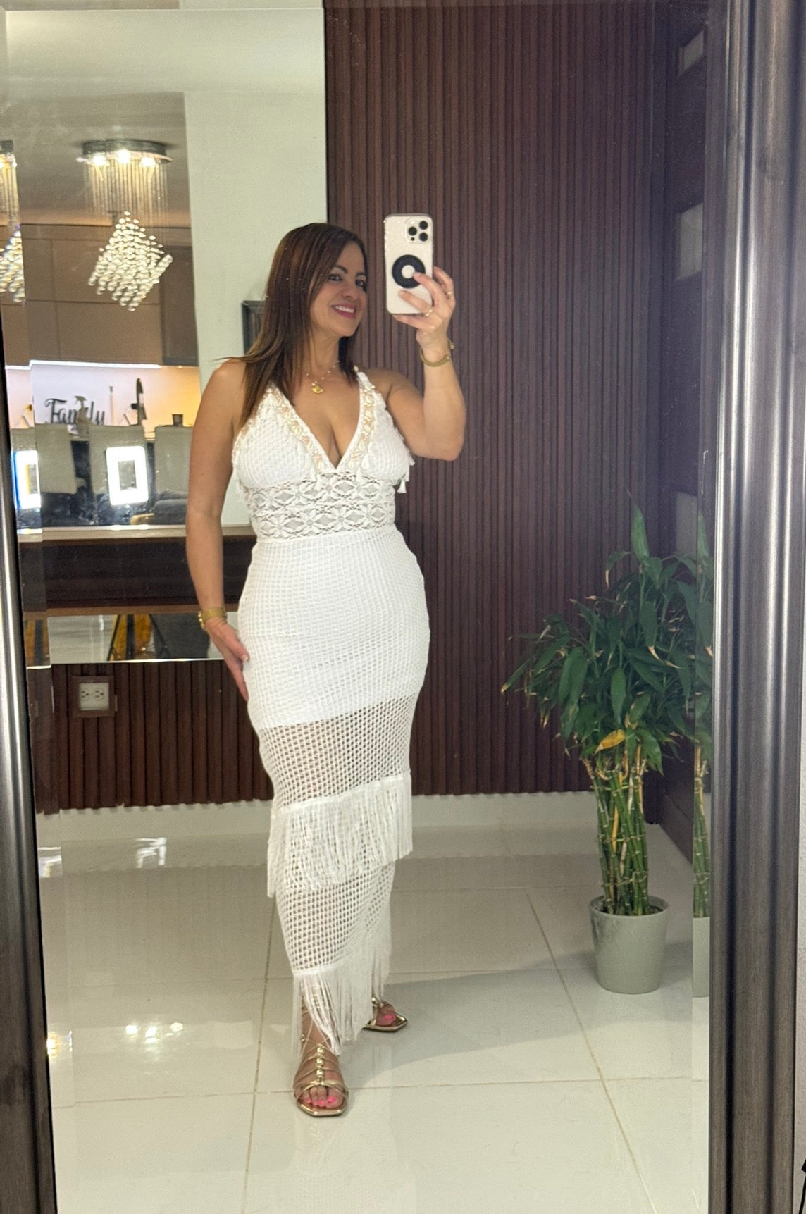 Vestido Maxi Crochet Blanco con Flecos
