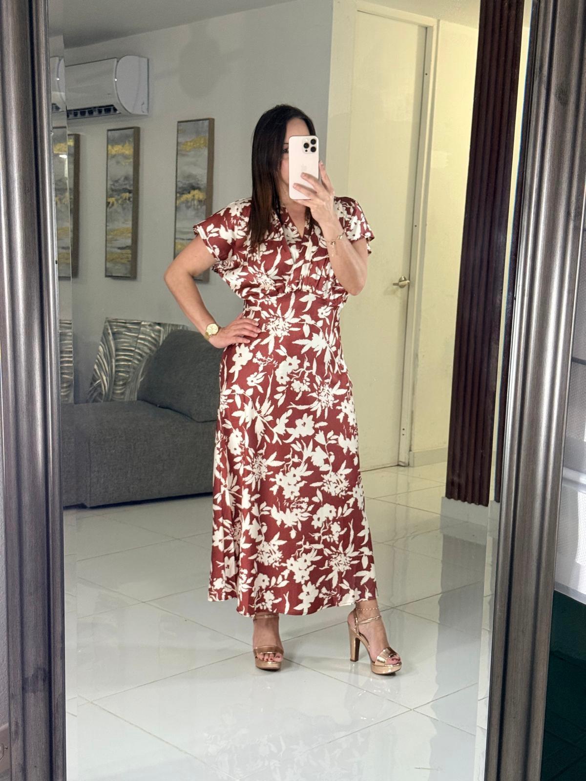 Vestido Marrón Floral Manga Corta