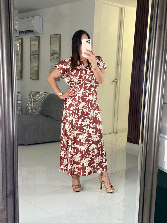 Vestido Marrón Floral Manga Corta