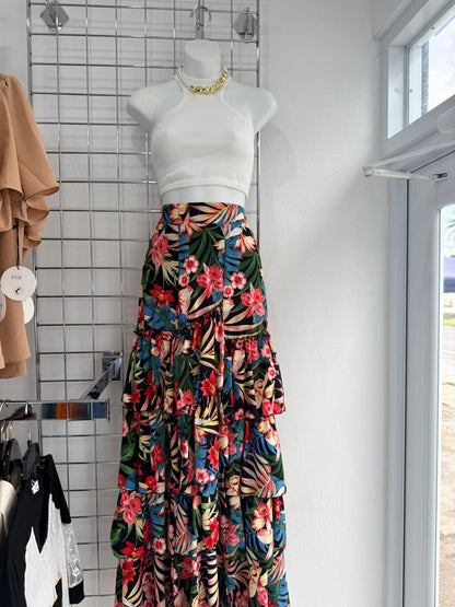 Falda Larga Floral Tropical Volantes