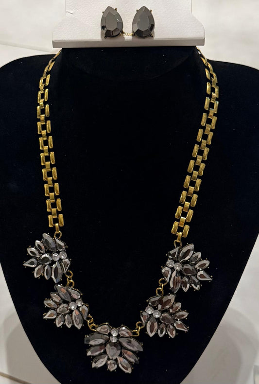 Set Collar Statement Flores Cristal Gris Dorado