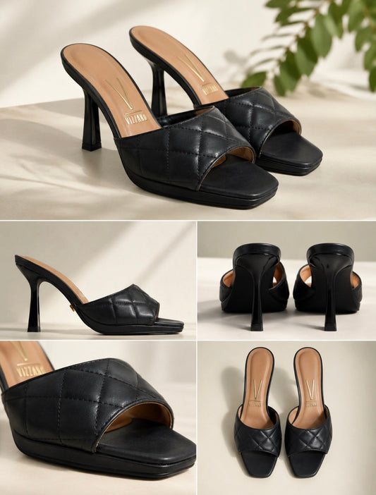 Mule Negra Acolchada Tacón Stiletto