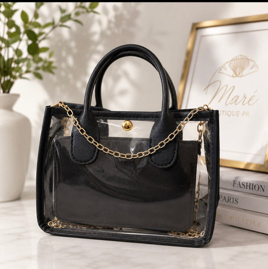 Bolso Transparente Negro con Cadena Dorada