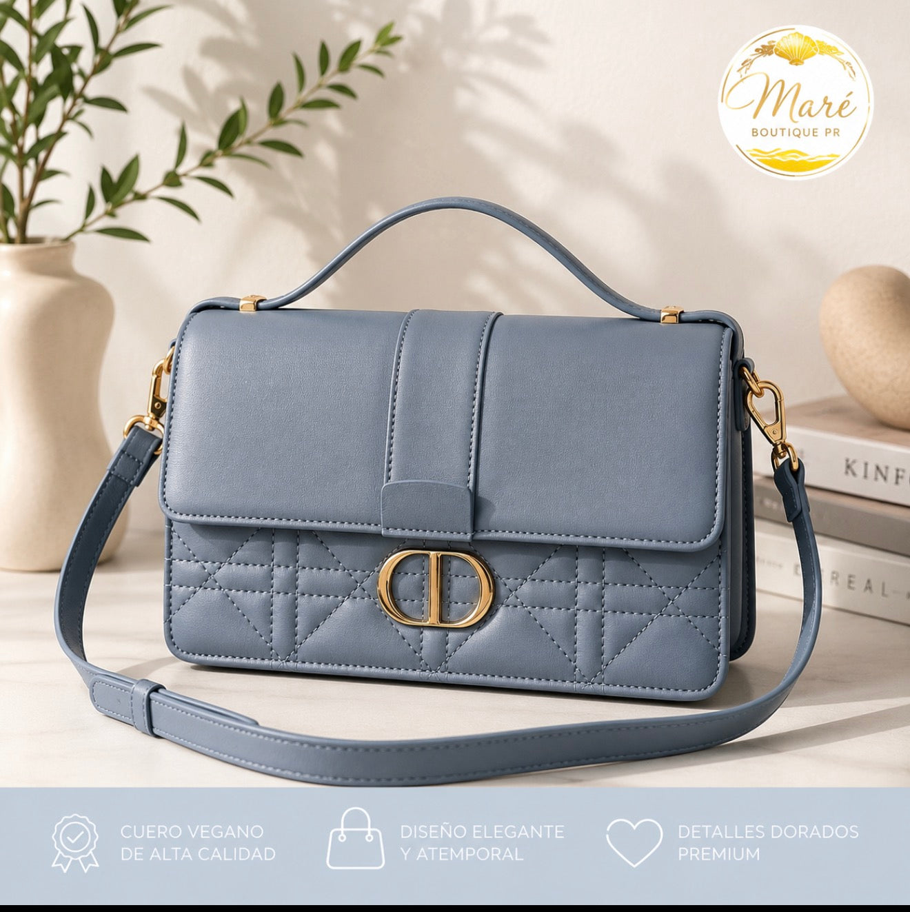 Bolso Azul Acero Acolchado Cuero Vegano Detalles Dorados