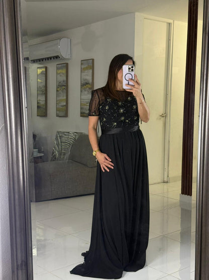 Vestido Largo negro Bordado Floral
