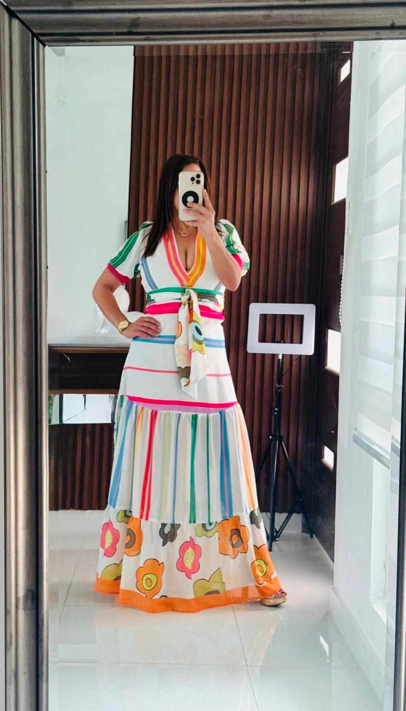 Vestido Largo blanco de  Rayas Multicolor Volantes