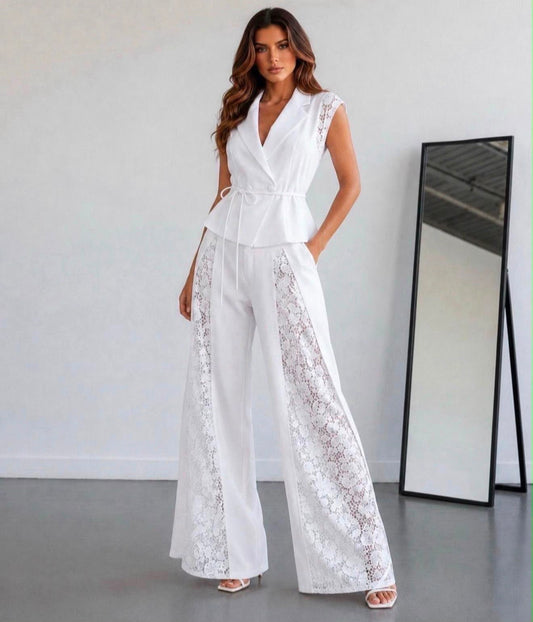 Conjunto blanco con encaje - blazer y pantalón wide leg