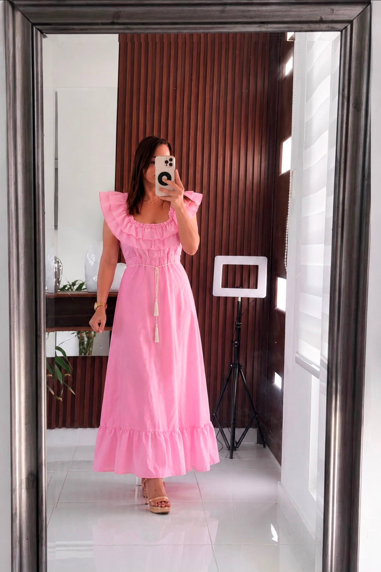 62 - Vestido Largo Rosa Volantes