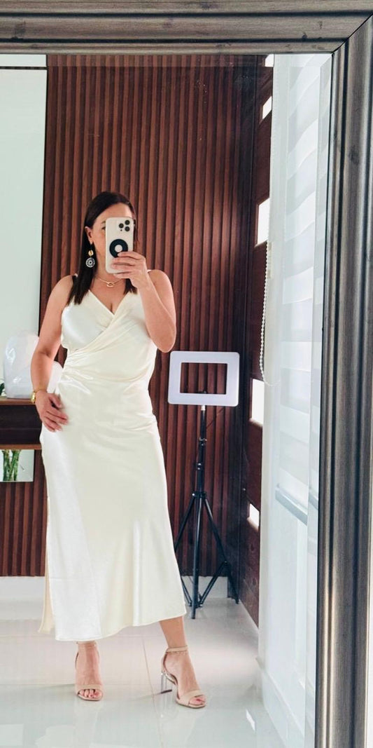 Vestido Largo Satinado Blanco Marfil