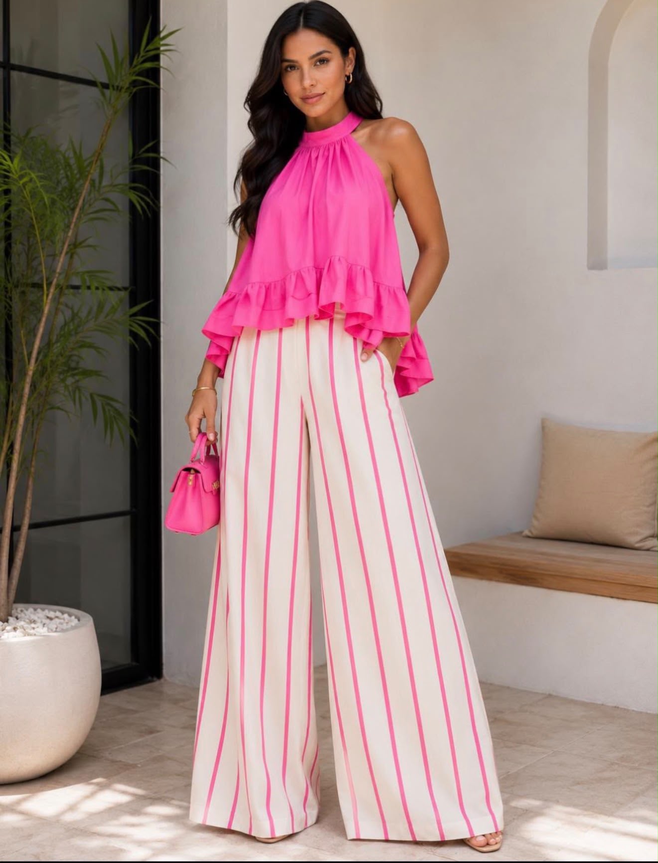 Top Halter Fucsia con Volantes