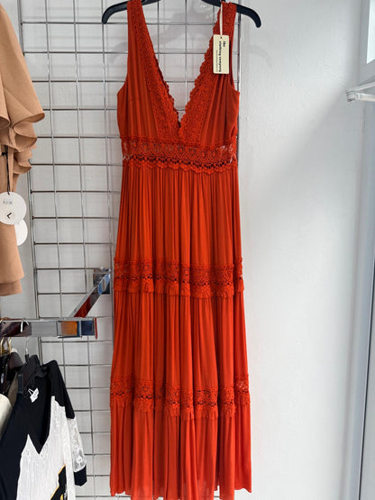 Vestido Largo Naranja con Encaje