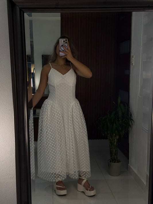Vestido Encaje Geométrico Blanco