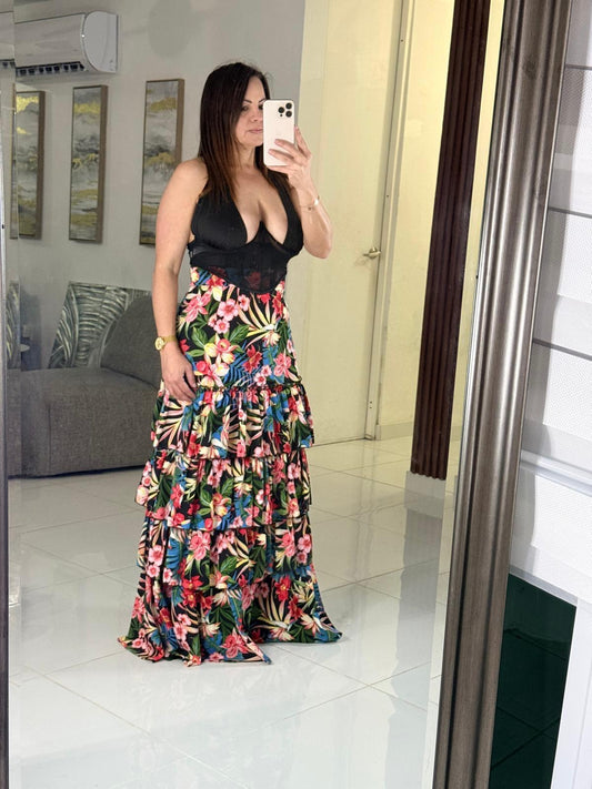 Falda Larga Floral Tropical Volantes