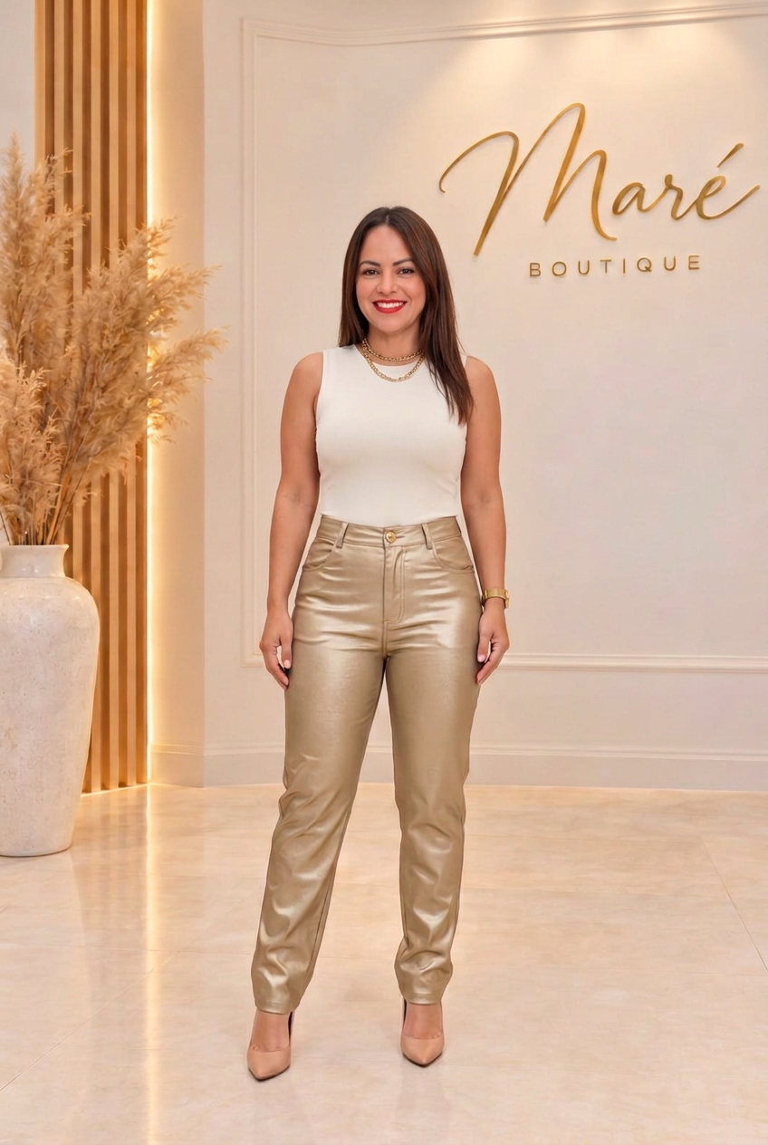 Modelo con pantalón dorado satinado de pierna recta en Maré Boutique