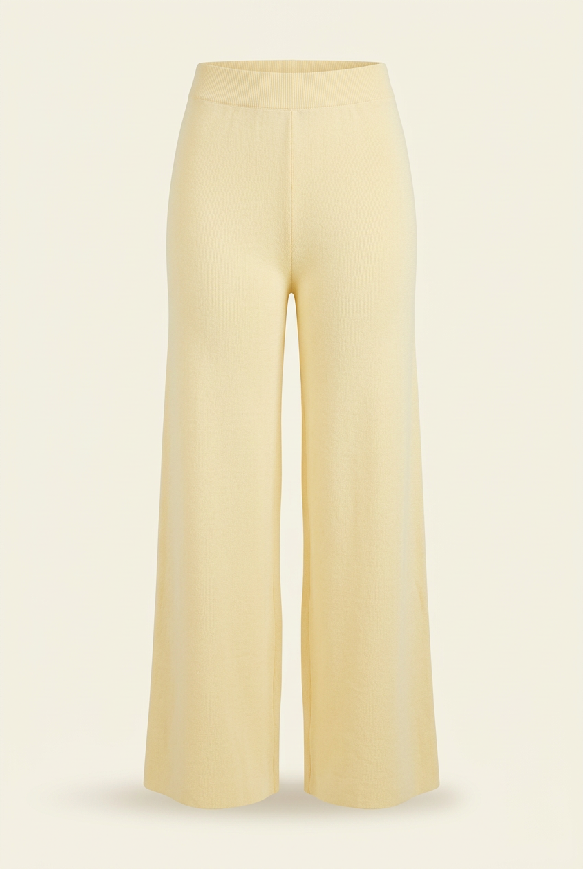 Pantalón palazzo amarillo pastel con cintura elástica ancha, sin botón ni zipper