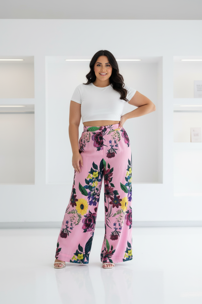Pantalón Palazzo Rosa Floral con modelo